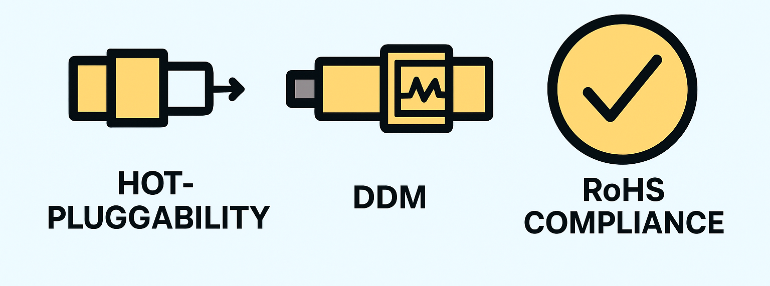 Illustration of an optical SFP transceiver in a network switch with highlights on hot-pluggability, DDM monitoring, and RoHS compliance.