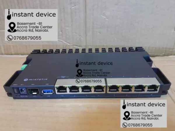 mikrotik-rb5009ugsin-router-ports-and-sfp-slot Front view of MikroTik RB5009UG+S+IN router showing Ethernet and SFP ports
