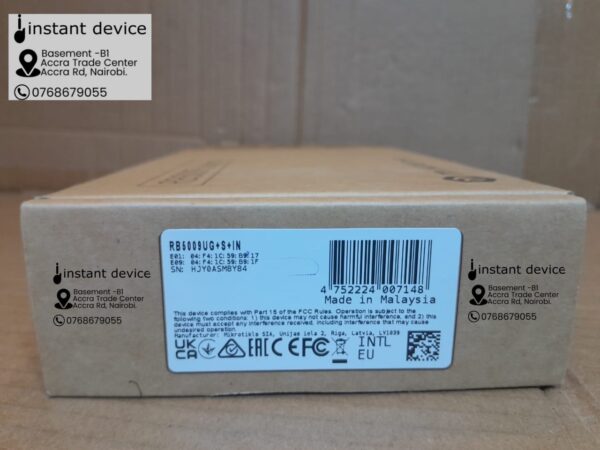 mikrotik-rb5009ugsin-router-product-label-kenya Close-up of MikroTik RB5009UG+S+IN router product packaging label