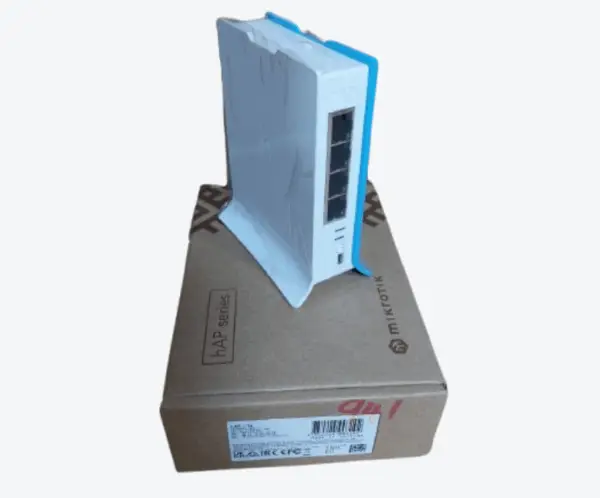 mikrotik-rb941-2nd-tc-hap-lite-router-front-view-kenya Front view of MikroTik RB941-2nD-TC hAP Lite router showing blue trim and Ethernet ports