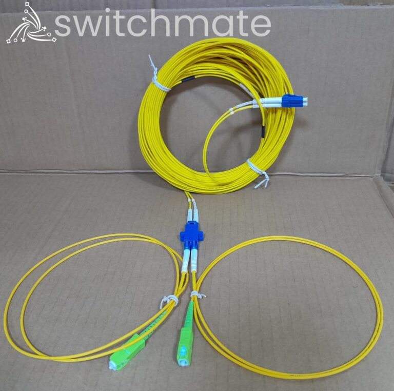 LC/UPC to SC/UPC 15m patch cord joined with LC/UPC to SC/APC jumper using LC/UPC adapter for fiber optic connection improvisation in Kenya