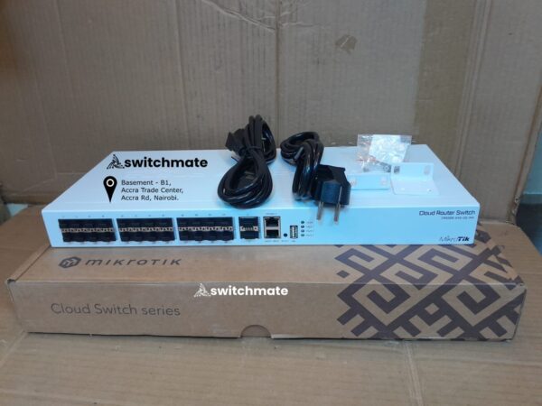 mikrotik-crs326-24s-2q-rm-24-sfp-plus-switch Front view of MikroTik CRS326-24S+2Q+RM rackmount switch for ISP and data center networks